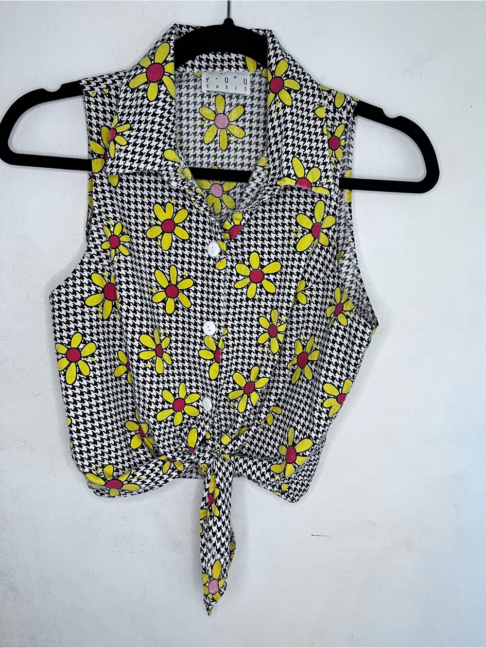 Vintage Cottagecore Sunflower Houndstooth Sleeveless Tie-Front Button-Down Crop